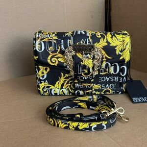 Versace Jeans Collection White and Yellow Baroque Logo Shoulder Bag